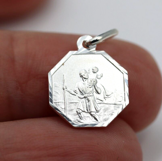 Sterling Silver St Christopher 12mm Octagonal Pendant Travel Saint