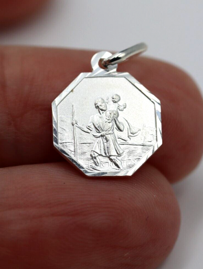 Sterling Silver St Christopher 12mm Octagonal Pendant Travel Saint