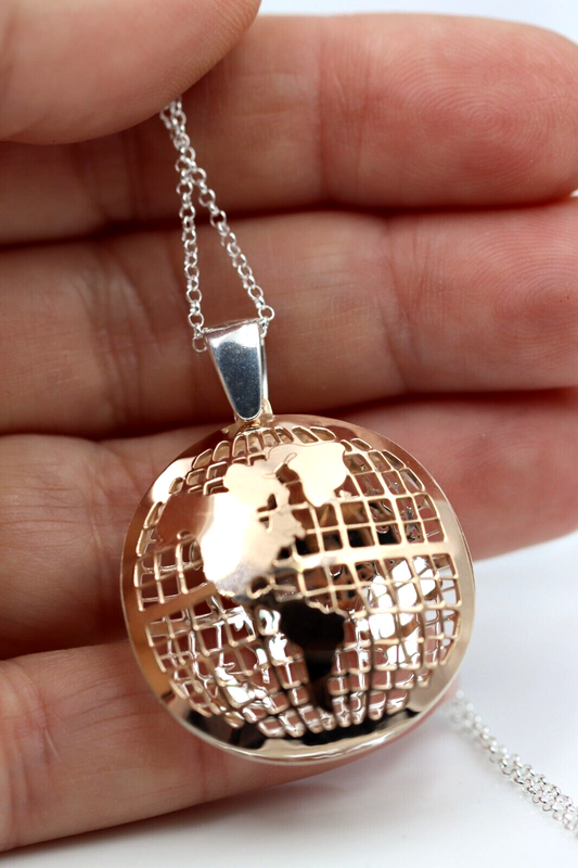 Sterling Silver 925 and S/S PHGP Reversible Cut Out World Map