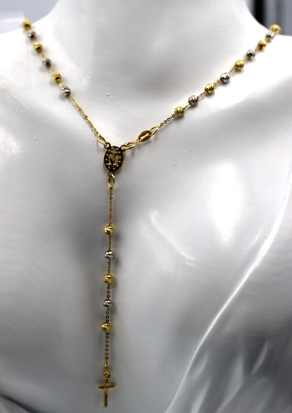 18ct Yellow Gold Ball Rosary Bead Necklace Mary Miraculous + Cross Pendant