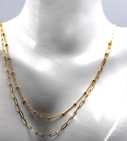 46cm 18ct 750 Yellow Gold Paper Clip + Ball Chain Necklace Stackable -Free post