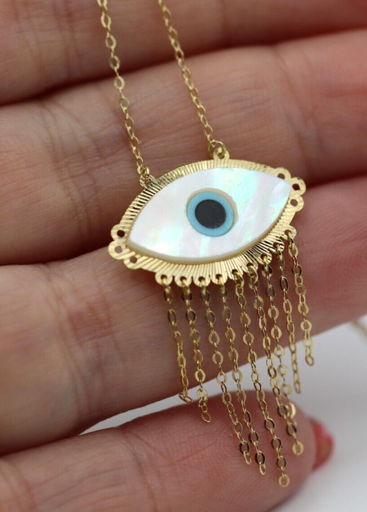 18ct 750 Gold Yellow Gold 43cm Mother Pearl Greek Eye Necklace Chain -Free express post