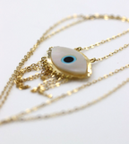 18ct 750 Gold Yellow Gold 43cm Mother Pearl Greek Eye Necklace Chain -Free express post