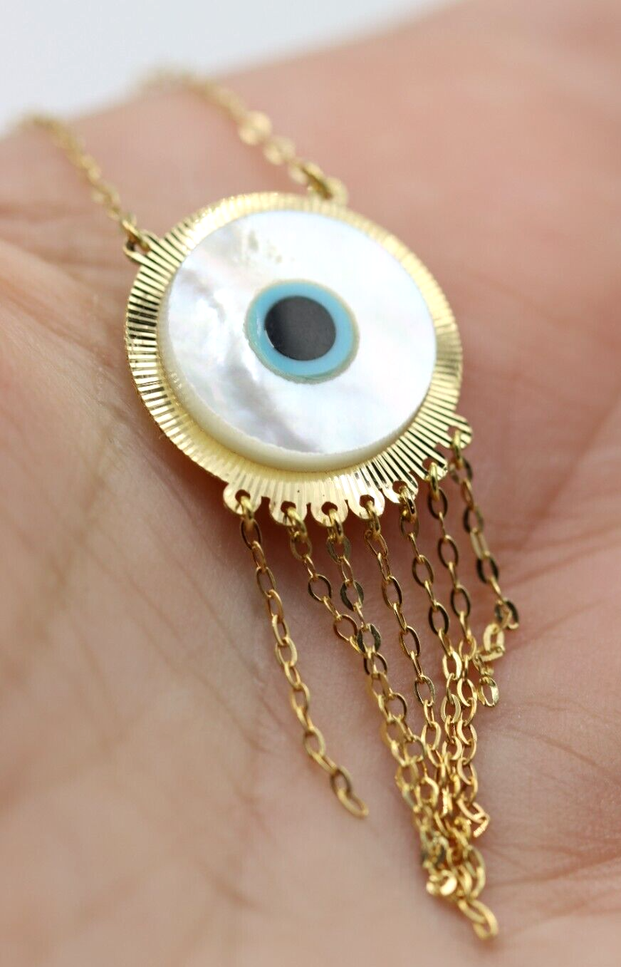 18ct 750 Gold Yellow Gold 43cm Mother Pearl Greek Eye Necklace Chain