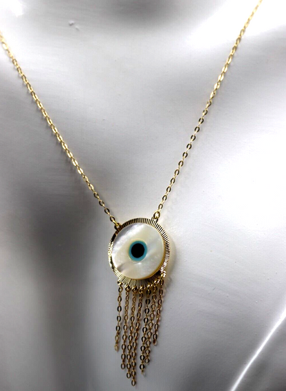 18ct 750 Gold Yellow Gold 43cm Mother Pearl Greek Eye Necklace Chain