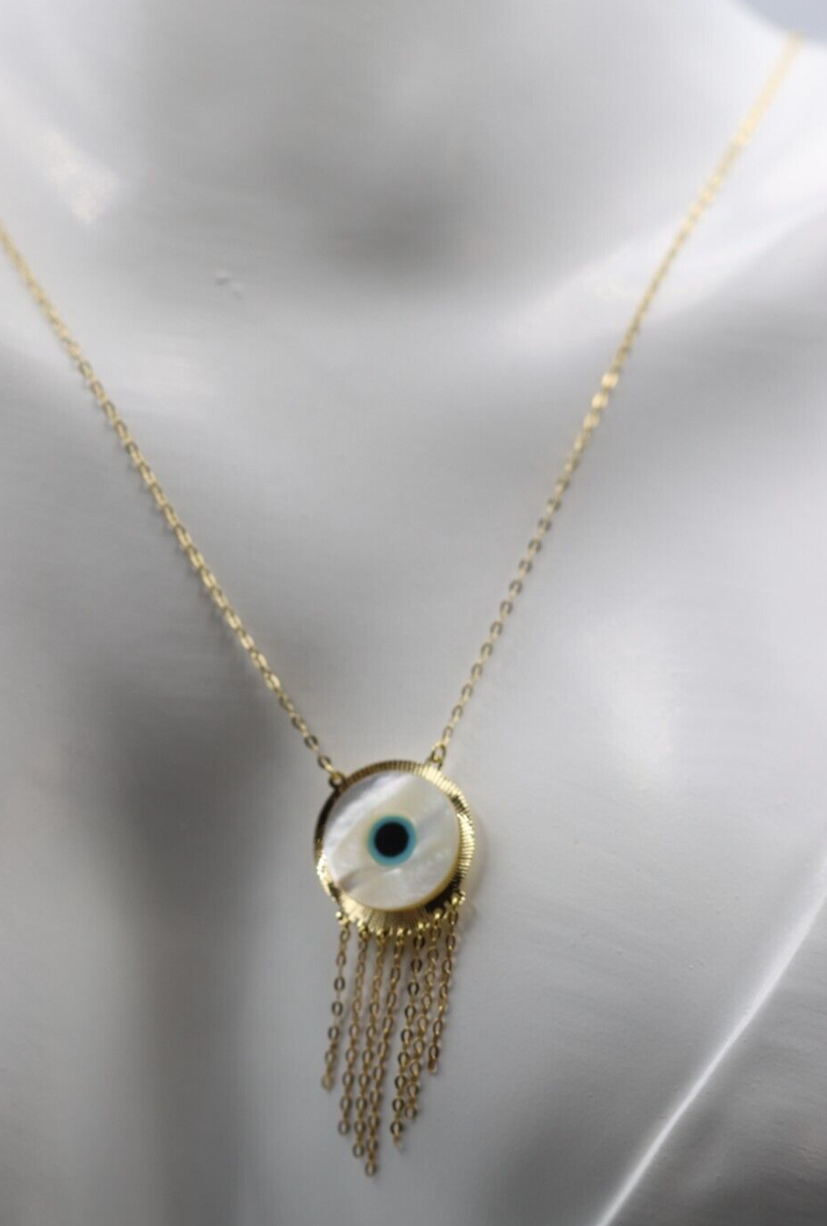 18ct 750 Gold Yellow Gold 43cm Mother Pearl Greek Eye Necklace Chain