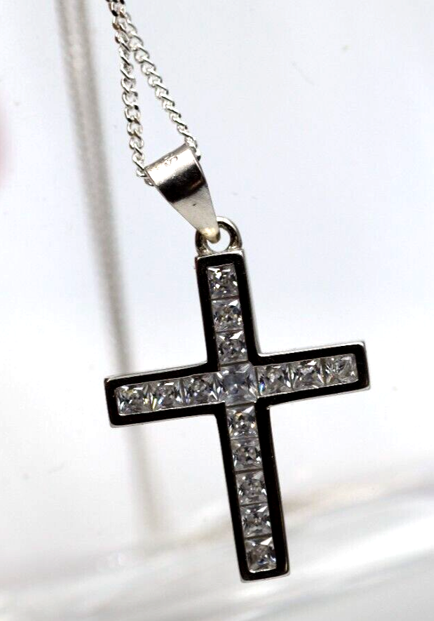 Cubic Zirconia Sterling Silver Cross Pendant + Necklace Chain