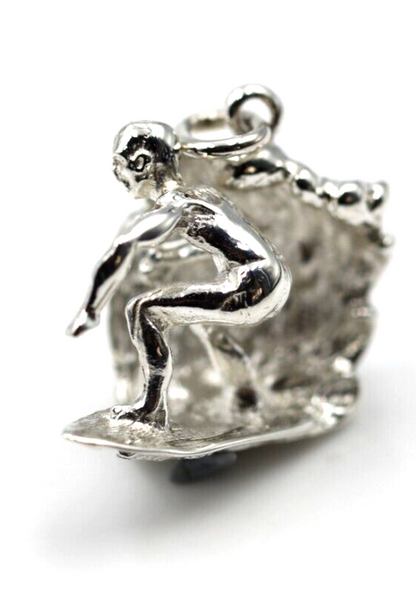 Sterling Silver 925 Surfer Surf On Wave 3D Pendant Or Charm