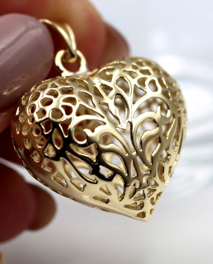 Kaedesigns, Genuine 9ct 9kt Large Yellow, Rose or White Gold Filigree Bubble Heart Pendant