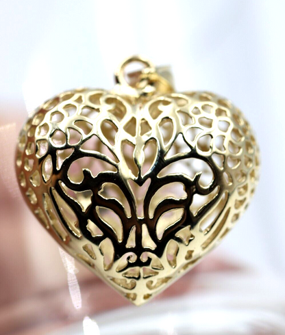 Kaedesigns, Genuine 9ct 9kt Large Yellow, Rose or White Gold Filigree Bubble Heart Pendant