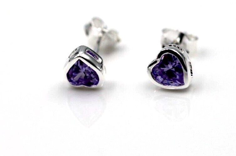 Genuine Sterling Silver 925 7mm Lavender Cubic Heart Stud Earrings