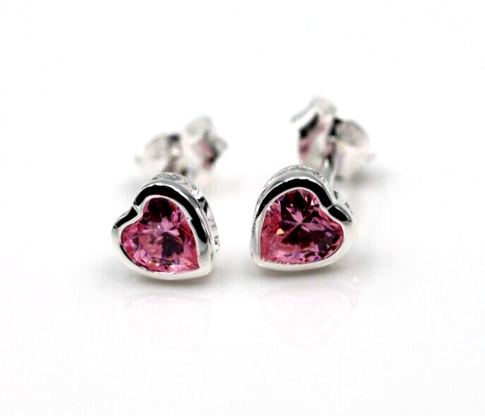 Genuine Sterling Silver 925 7mm Pink Cubic Heart Stud Earrings