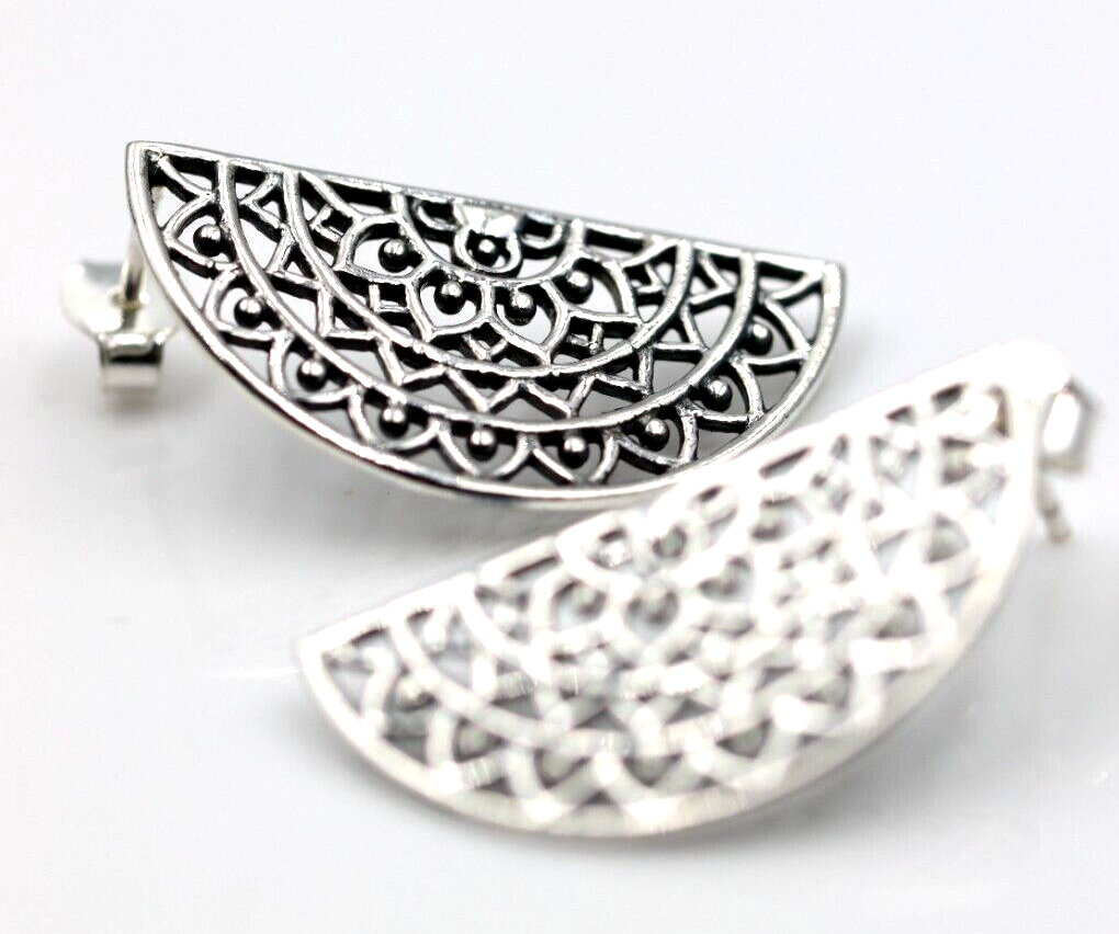 Genuine Sterling Silver 925 Large Semi Circle Filigree Stud Earrings