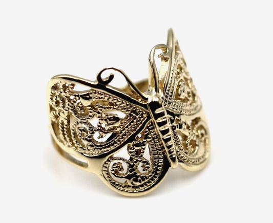 Large Solid 9ct Yellow, Rose or White Gold Filigree Butterfly Ring - Choose your size