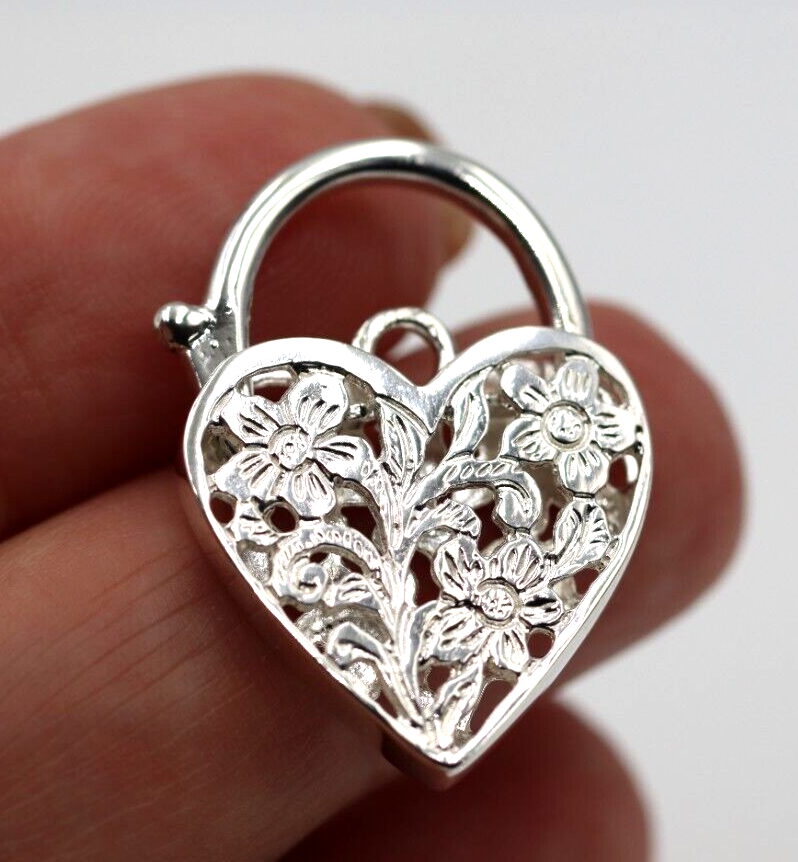 Large Sterling Silver Filigree Flat Heart Padlock Pendant 20mm