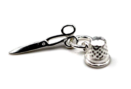 Sterling Silver 925 Scissors and Thimble Sewing Tailor Charm Pendant