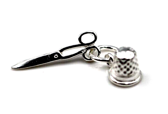 Sterling Silver 925 Scissors and Thimble Sewing Tailor Charm Pendant -Free Post
