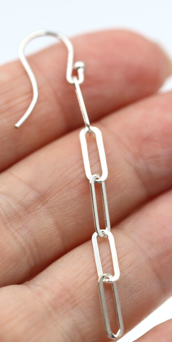 Genuine Sterling Silver 925 Paper Clip Link Drop Earrings - Free Post