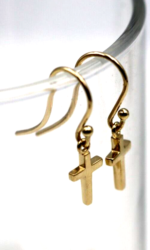 Genuine 9ct 9k Solid Delicate Small Yellow, Rose or White Gold Dangle Cross Earrings 10mm x 6mm