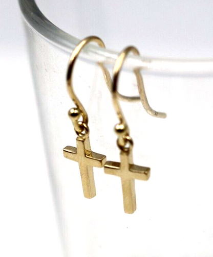 Genuine 9ct 9k Solid Delicate Small Yellow, Rose or White Gold Dangle Cross Earrings 10mm x 6mm