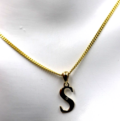 9ct Yellow Gold Diamond Set Block Initial Small Pendant Charm A to Z + Sterling Silver Chain (Gold plated)