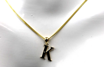 9ct Yellow Gold Diamond Set Block Initial Small Pendant Charm A to Z + Sterling Silver Chain (Gold plated)