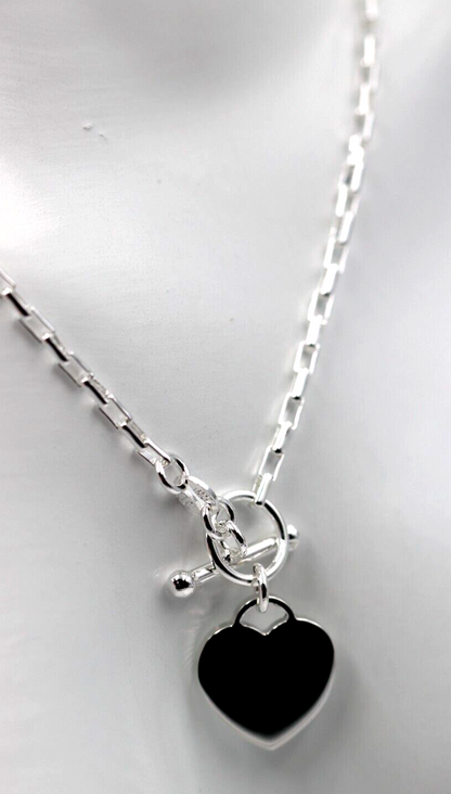 Genuine 45cm, 50cm or 55cm Sterling Silver 925 Cable Link With T-Bar And Heart Necklace