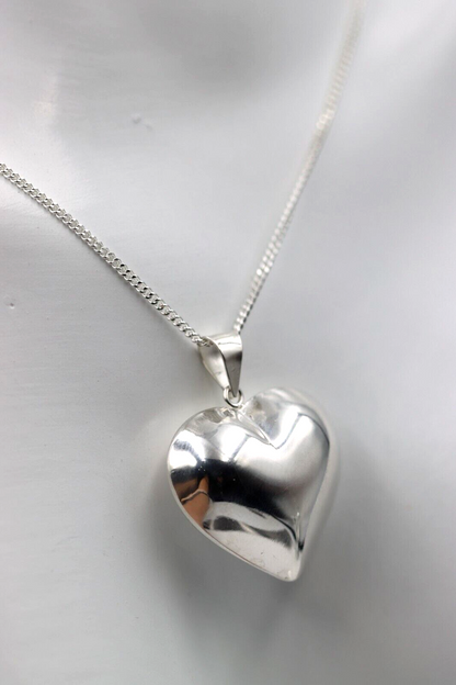 Genuine Sterling Silver 925 Medium Puffy Bubble Heart Pendant + Necklace Chain