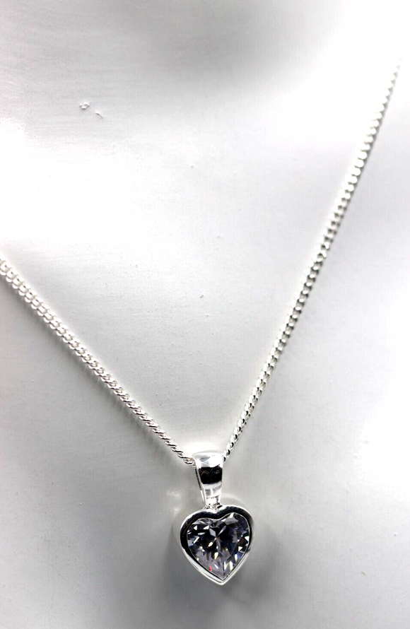 Sterling Silver 925 Small Bezel Set CZ Heart Pendant Charm Necklace