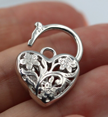 Large Sterling Silver 925 Filigree Heart Padlock Pendant 18mm