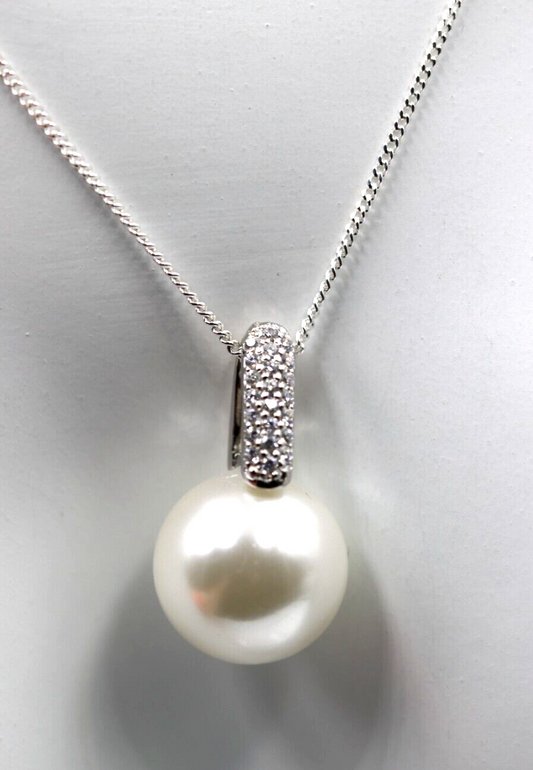 Sterling Silver 925 12mm CZ Freshwater Shell Pearl Pendant + Necklace