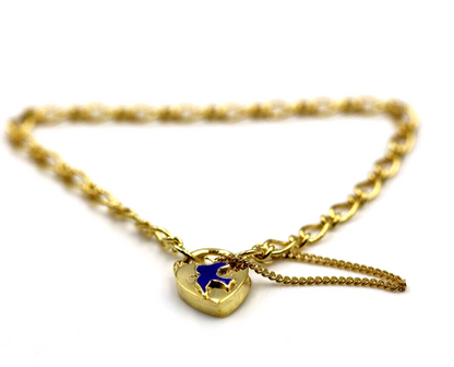 9ct Yellow Gold Oval Figaro Child Bracelet + Heart Padlock Blue Bird