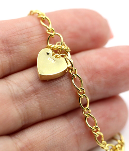 9ct Yellow Gold Oval Figaro Child Bracelet + Heart Padlock Blue Bird