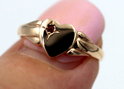 Size O, 9ct 9k Yellow, Rose or White Gold Heart Garnet Birthstone January Signet Ring