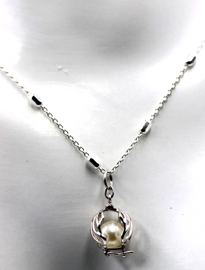 Sterling Silver 925 Freshwater White Pearl Cage Pendant + Necklace Chain