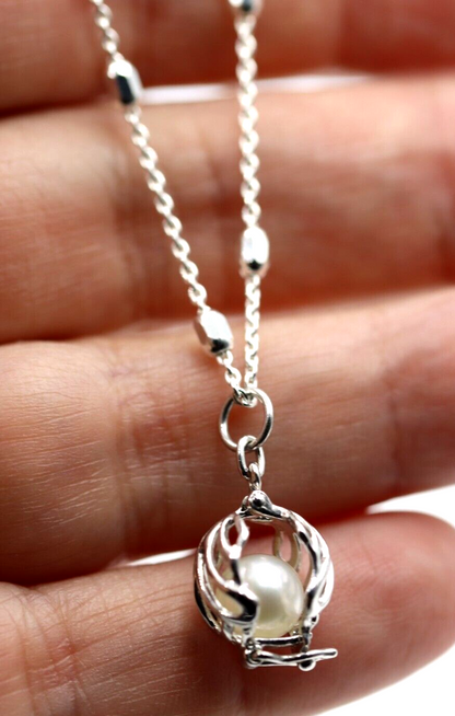 Sterling Silver 925 Freshwater White Pearl Cage Pendant + Necklace Chain