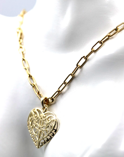 Genuine 9ct Yellow Gold Handmade Paper Clip 45cm Chain + Heart Pendant-Free Post