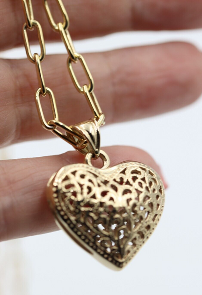 Genuine 9ct Yellow Gold Handmade Paper Clip 45cm Chain + Heart Pendant-Free Post