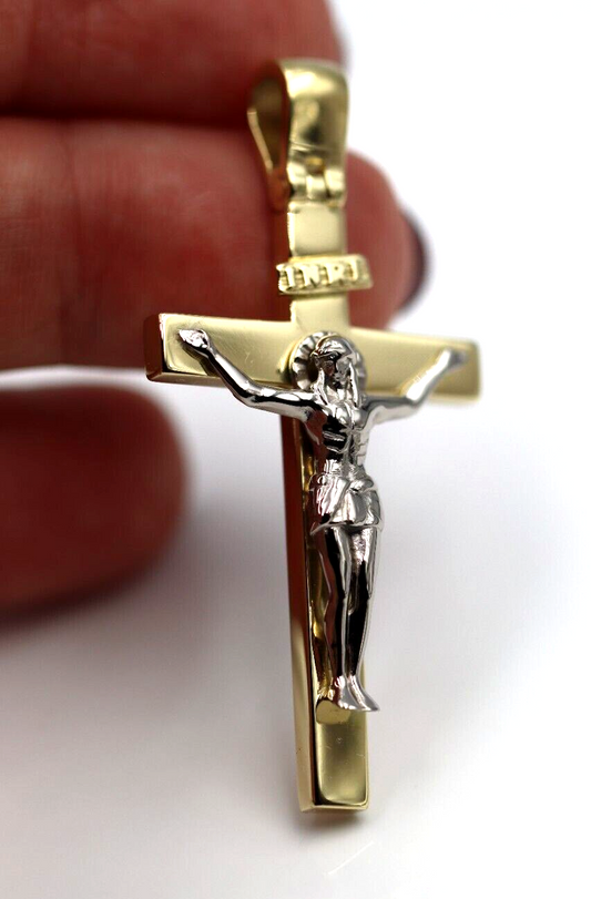 Genuine 18ct 750 Yellow & White Gold Full Solid Heavy Crucifix Cross Pendant