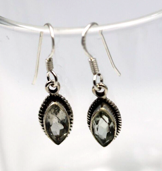 Sterling Silver 925 Faceted Green Amethyst Drop Hook Earrings