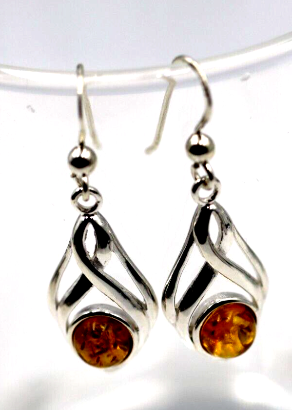 Genuine Sterling Silver 925 Celtic Amber Hook Drop Earrings