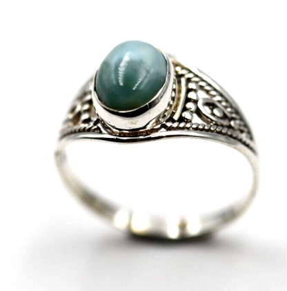 Size Q Genuine Sterling Silver 925 Filigree Oval Larimar Ring