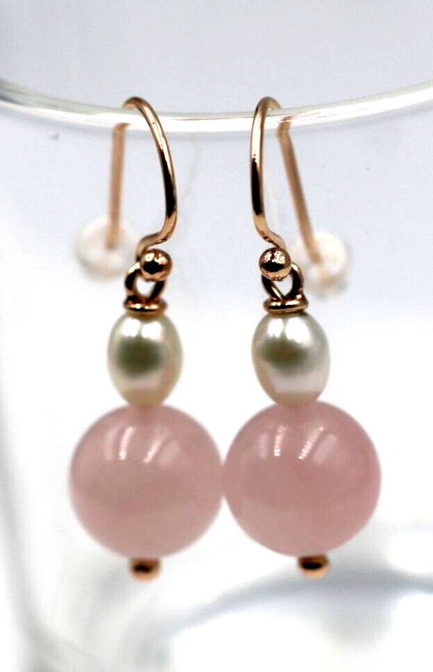 Genuine 9ct 9K Rose Gold Freshwater Pearl & Rose Quartz Bead Earrings-Free post