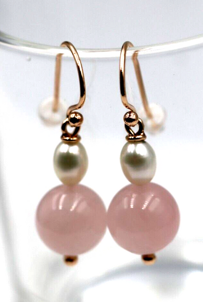 Genuine 9ct 9K Rose Gold Freshwater Pearl & Rose Quartz Bead Earrings-Free post