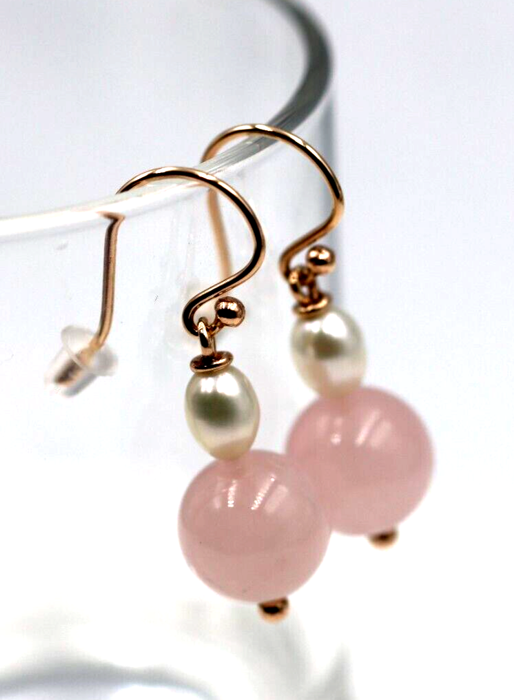 Genuine 9ct 9K Rose Gold Freshwater Pearl & Rose Quartz Bead Earrings-Free post