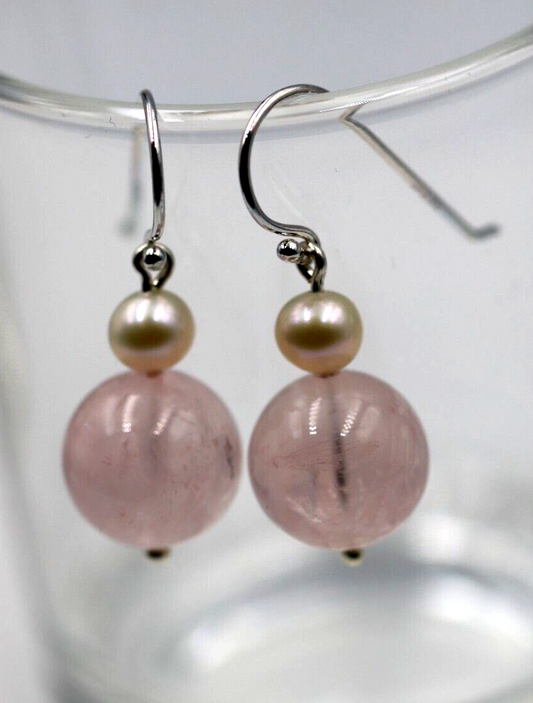 Sterling Silver Freshwater Cultured Pearl & Rose Quartz Hook Earrings