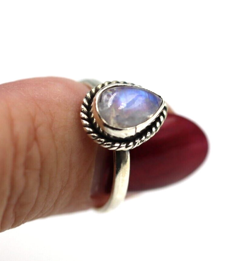 Sterling Silver 925 Rainbow Moonstone Teardrop Ring