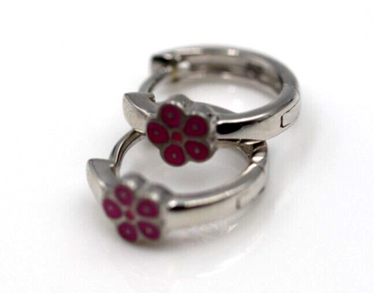 Genuine New Sterling Silver 925 Pink Enamel Huggies Flower Earrings