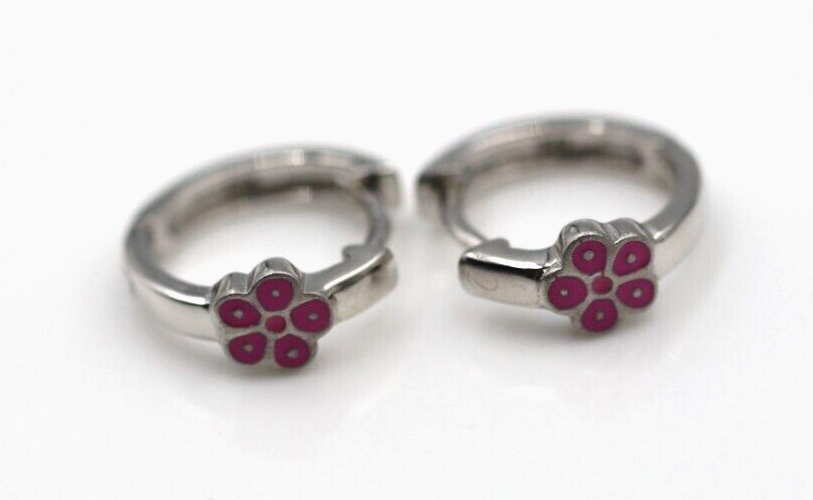 Genuine New Sterling Silver 925 Pink Enamel Huggies Flower Earrings