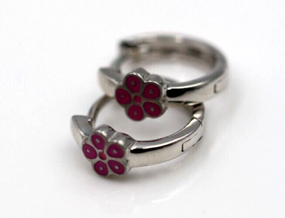 Genuine New Sterling Silver 925 Pink Enamel Huggies Flower Earrings